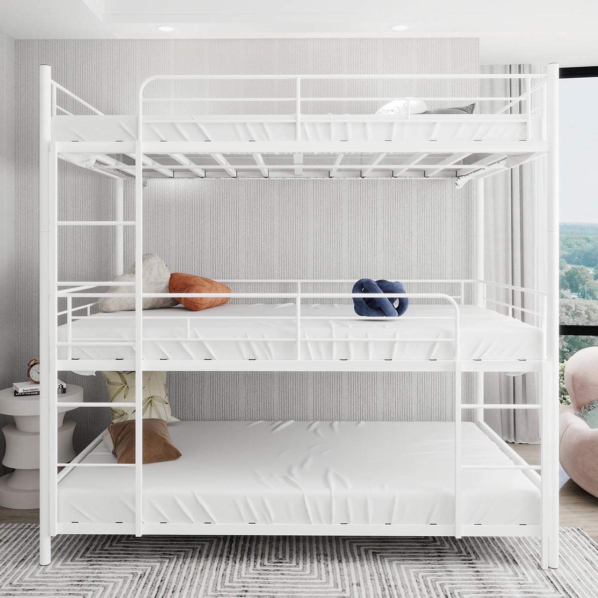 Triple Frame Bed, Heavy-Duty with Built-in Ladder & Railing, Metal