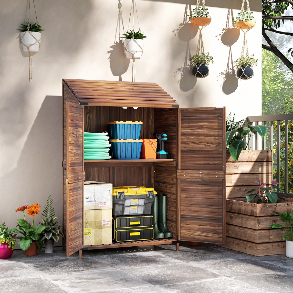 Two-Tier Wooden Garden Shed 59 x 103.5 cm - Brown