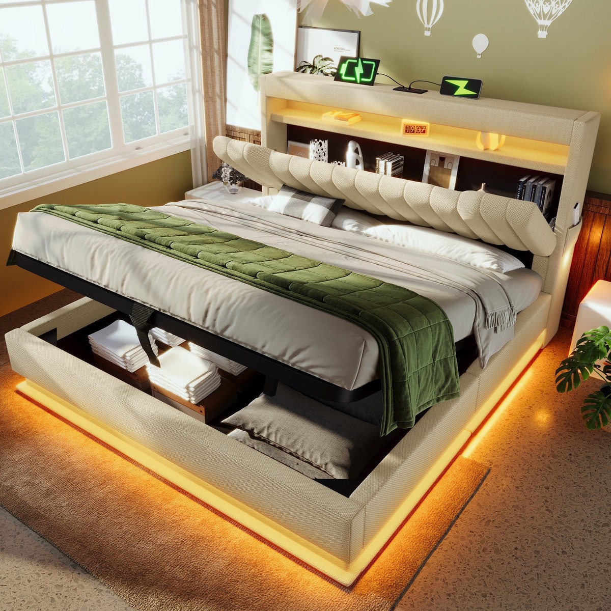 Upholstered Double Bed, 160x200cm, Storage Headboard with USB/Type-C, LED Lighting, Hydraulic Storage, Beige Linen