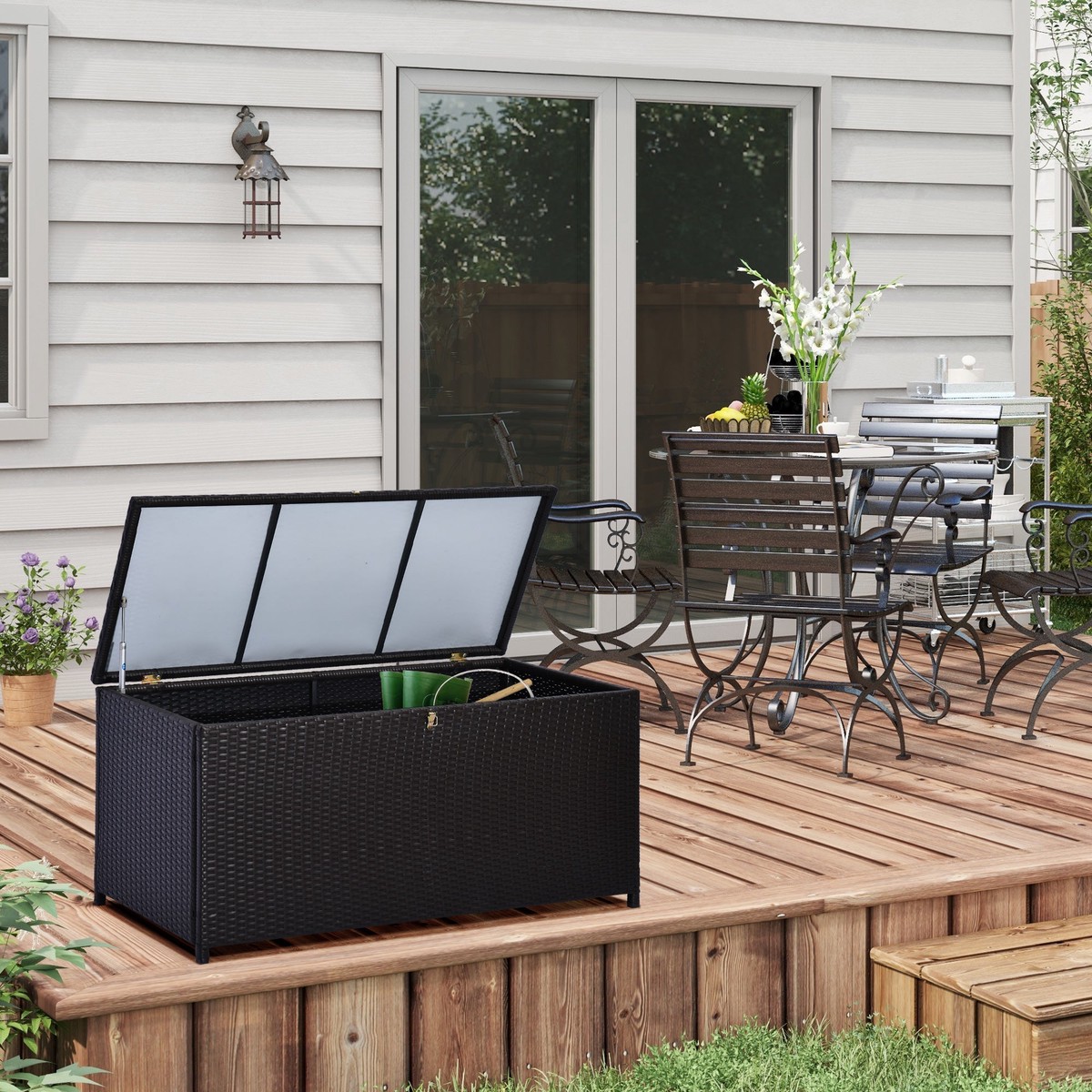 284 L Rattan Garden Storage Box with Gas Lift and Lockable Lid, Dark Brown