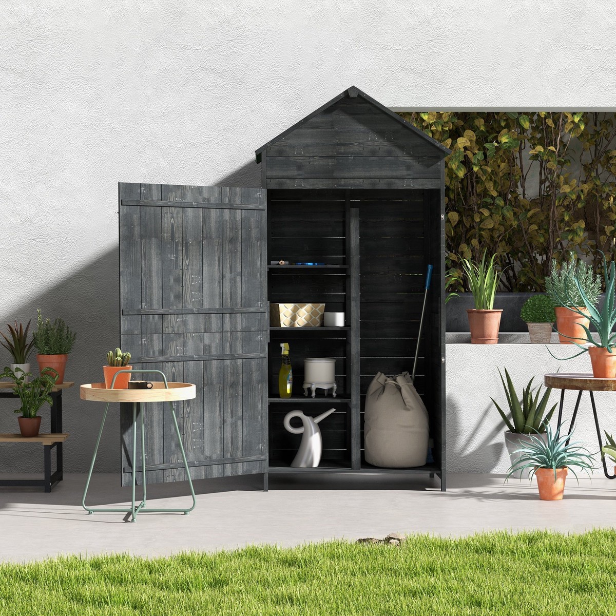 Garden Shed 4-Tier with 3 Shelves, Lockable 2 Doors - Grey