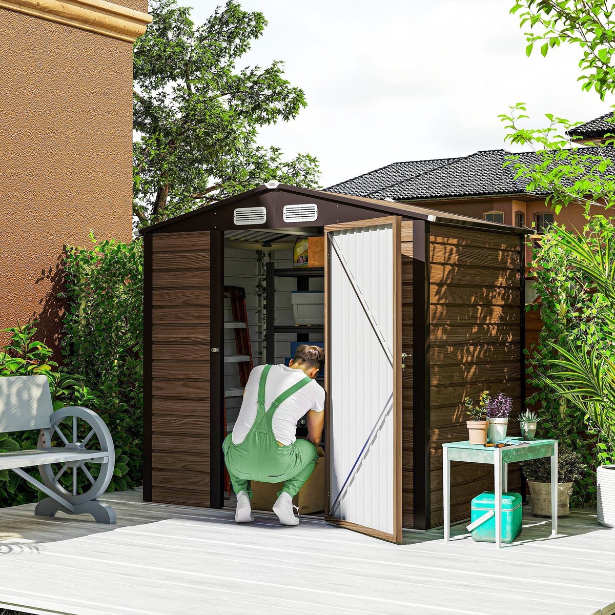 Garden Shed, 4 x 6ft Galvanised Steel with Lock and Gloves - Oak