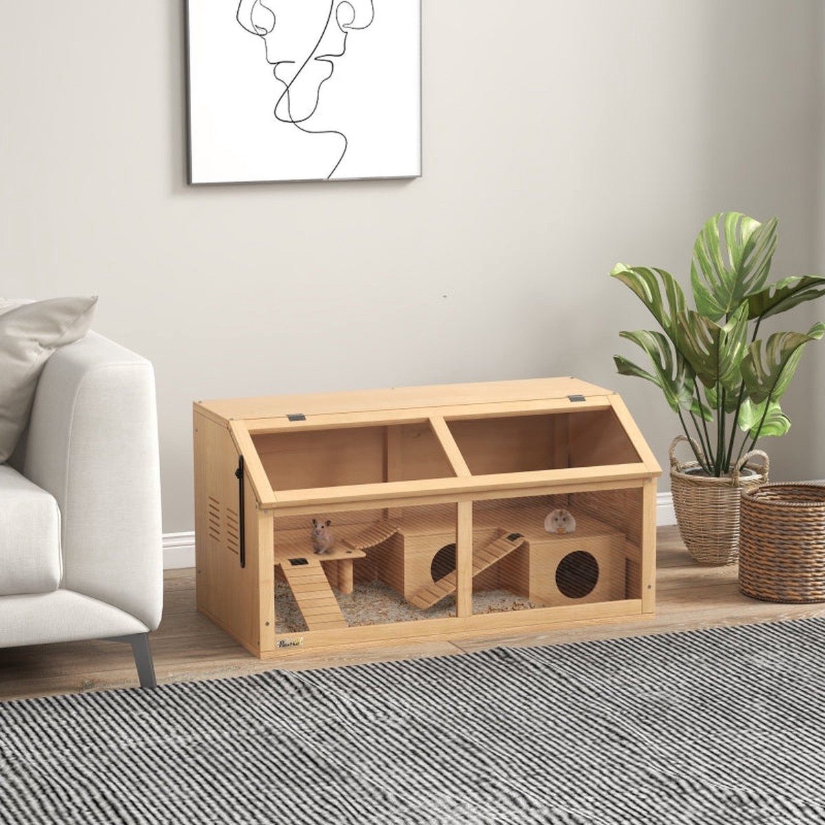 Hamster Cage, Gerbils Mice Suspension Bridge Openable Top, Wooden Nature