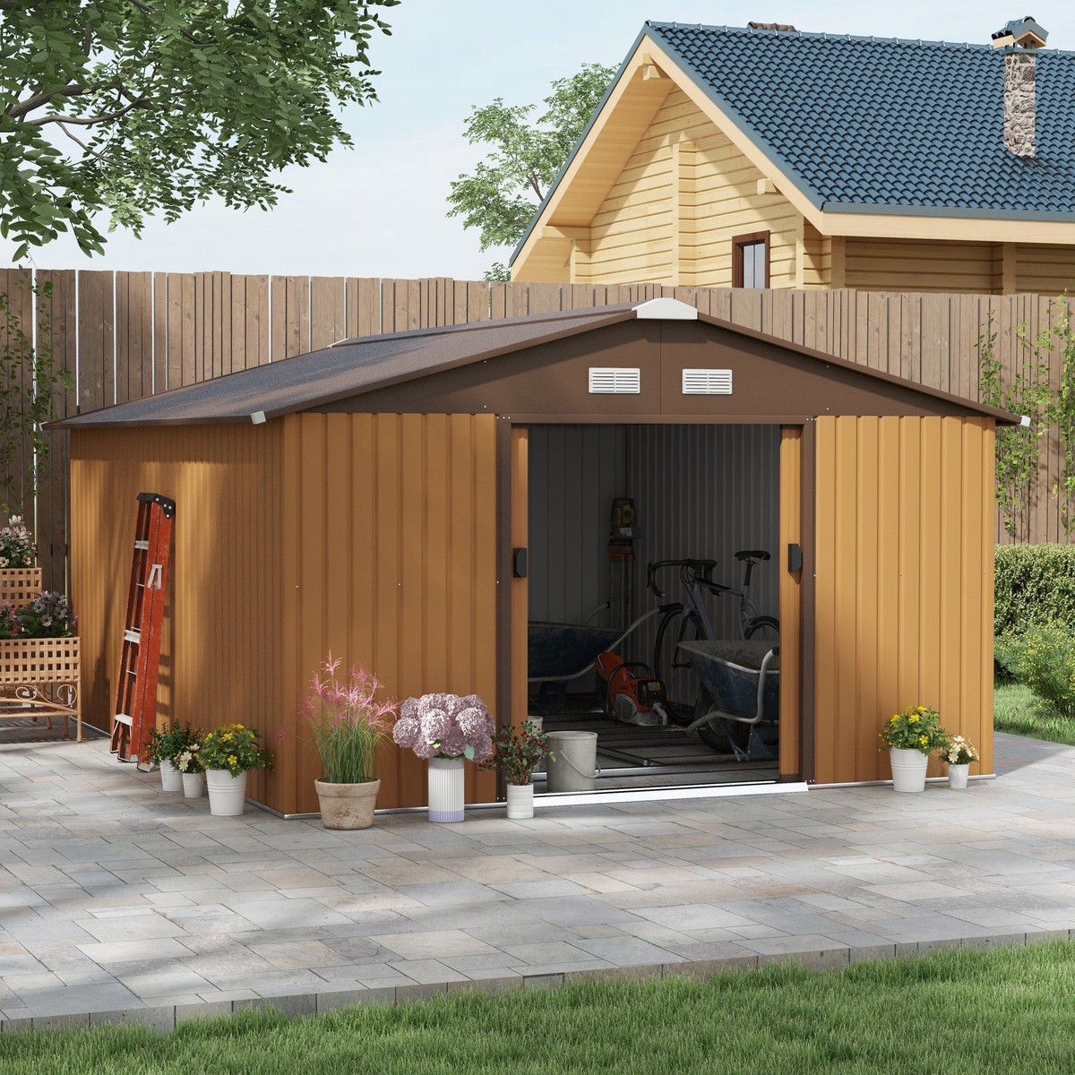 Metal Garden Shed, 13x11ft Outdoor Storage with Ventilation & Double Lockable Doors, Light Brown