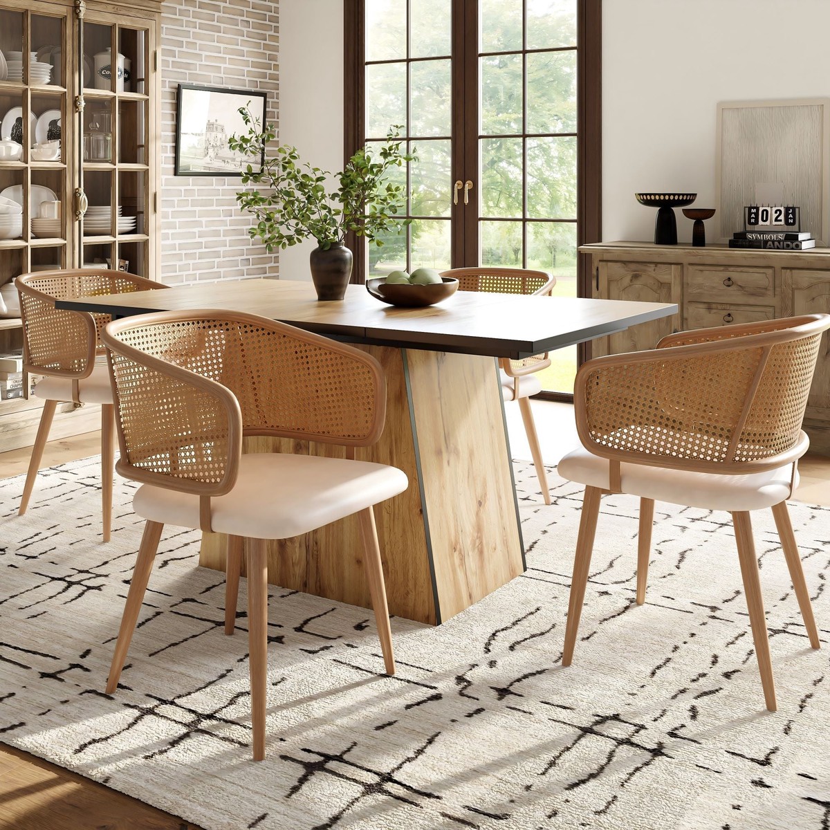 Modern Dining Chairs (4 pcs) with Rattan Backrest & PU Leather Seat, Beige