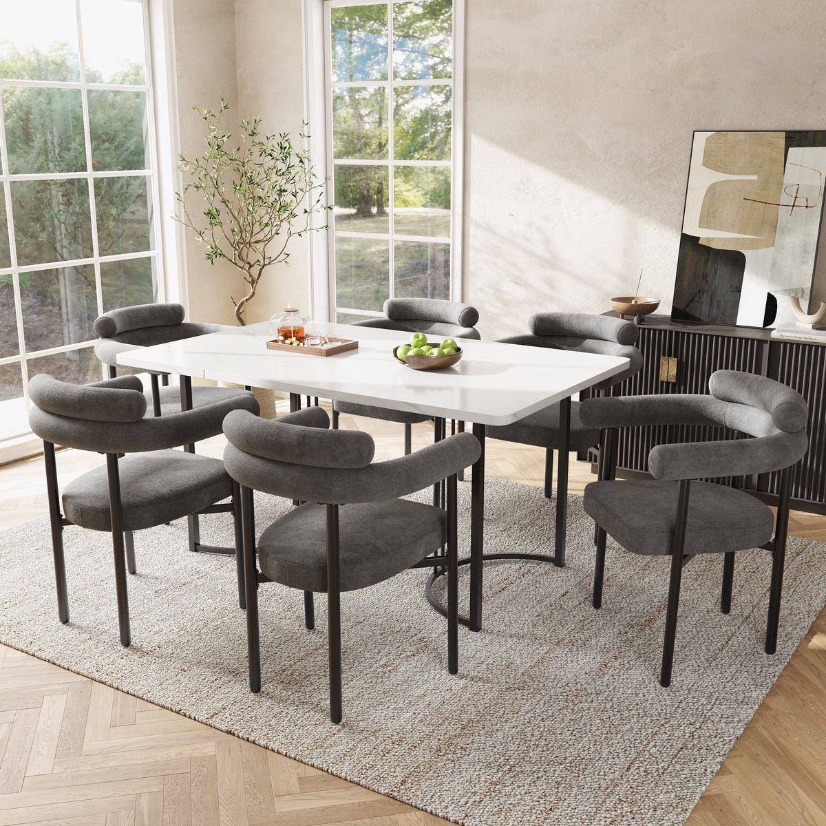 Modern Dining Chairs Set of 6, Faux Suede Upholstered Armchairs with Comfortable Armrest, Multiple Colour Options
