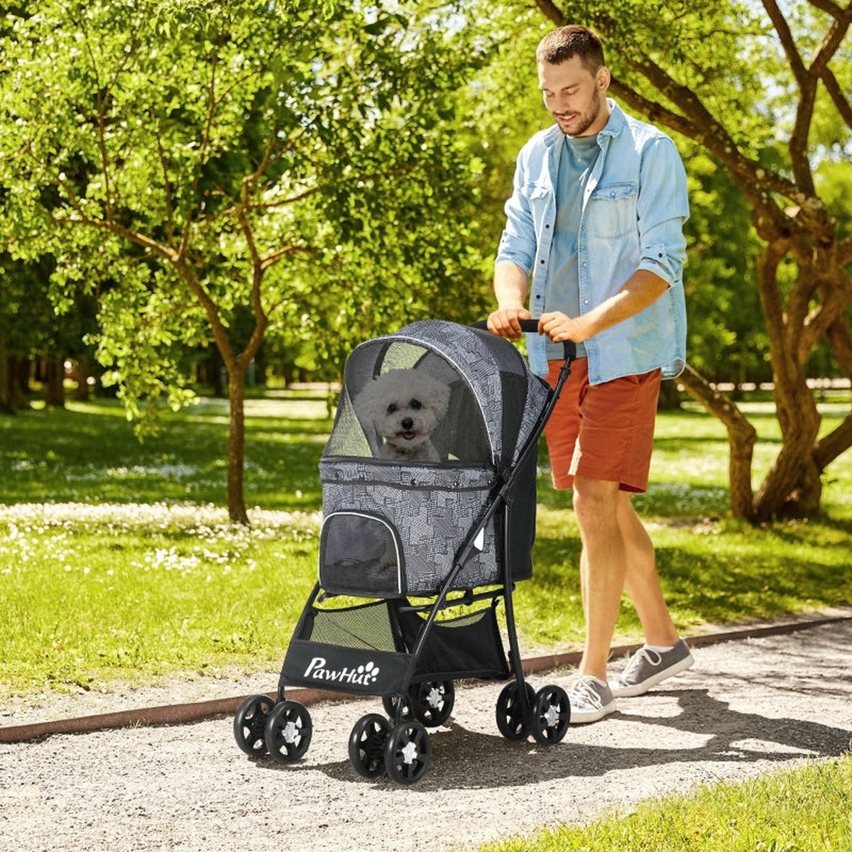Pet Stroller, Foldable with Carrying Bag, Universal Wheels, Brake Canopy, Grey