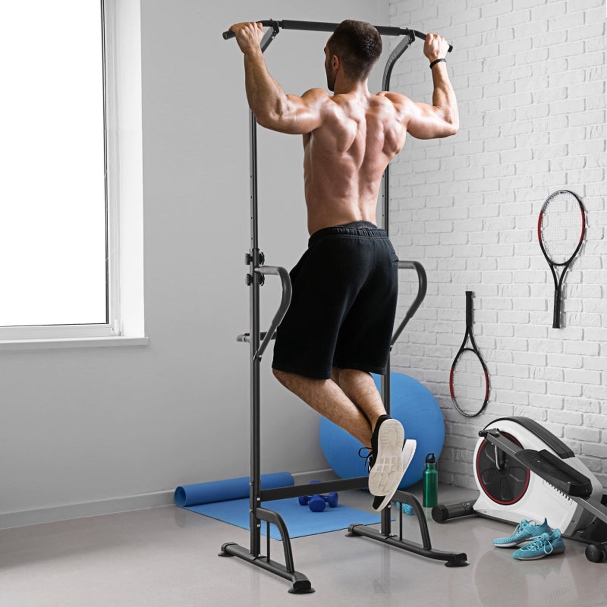 Power Tower Dip Station Pull Up Bar, Adjustable Height Home Gym, Multi-Function