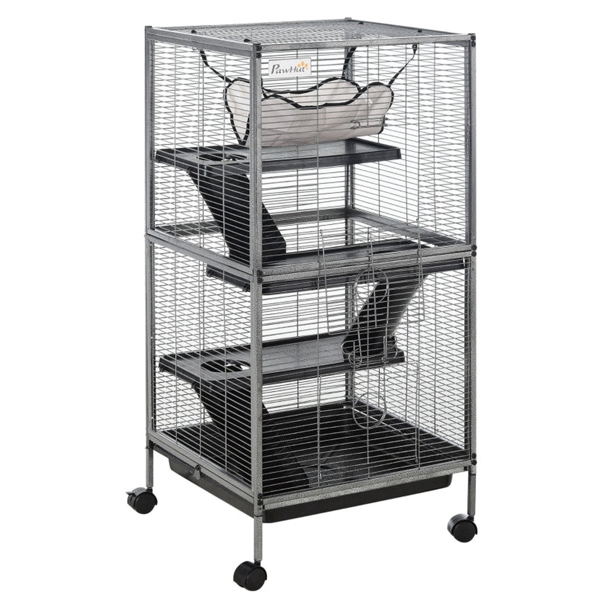 Small Animal Cage with Wheels, Hammock, 4 Platforms, Removable Tray, Silver