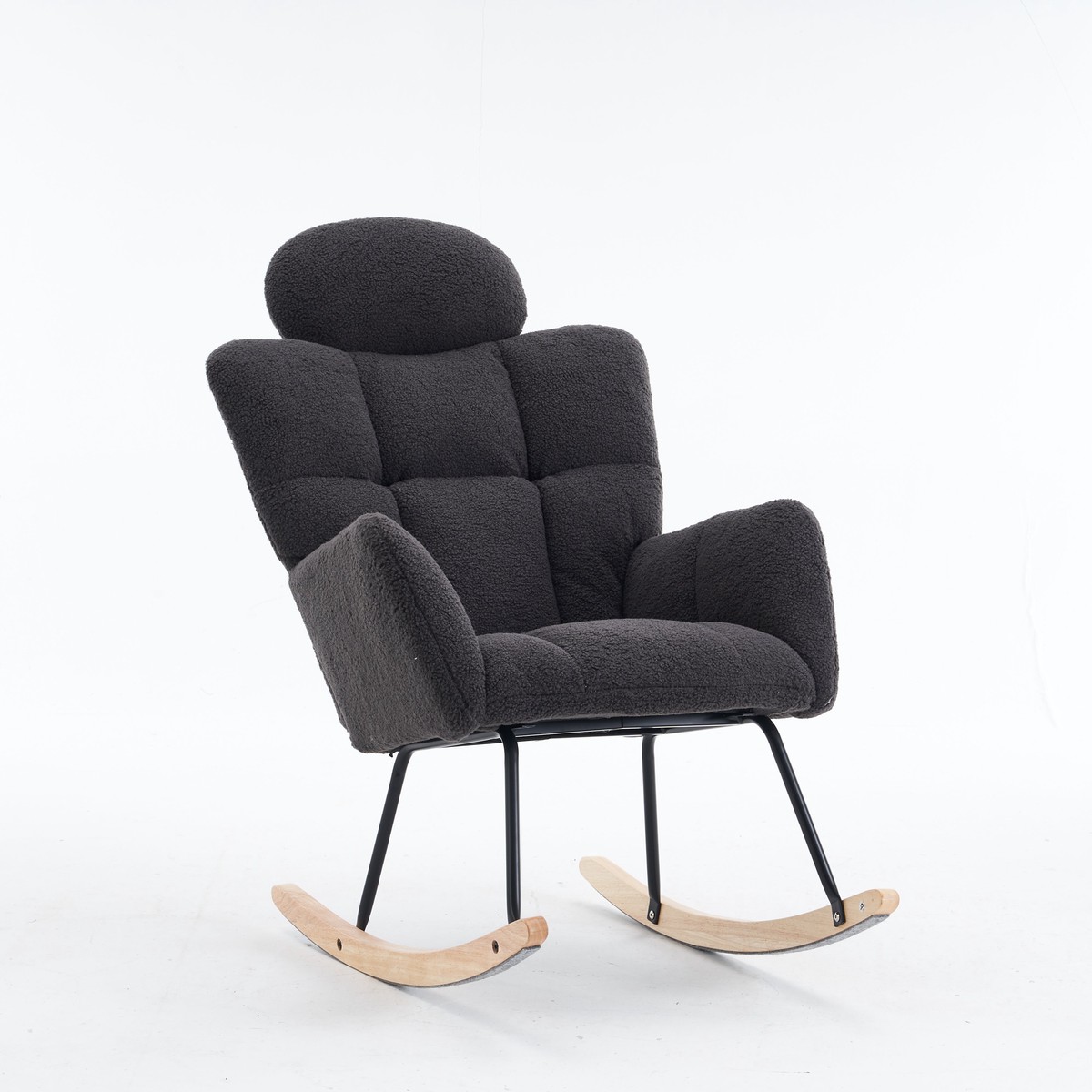 Soft Teddy Fabric Rocking Chair with Padded Seat and Headrest, Dark Grey