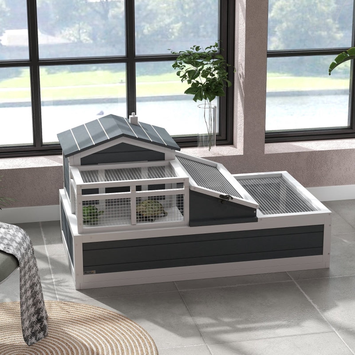 Tortoise House with 3 Rooms, 2 Stories, Ladder, Balcony, Tray, Openable Roof, Grey