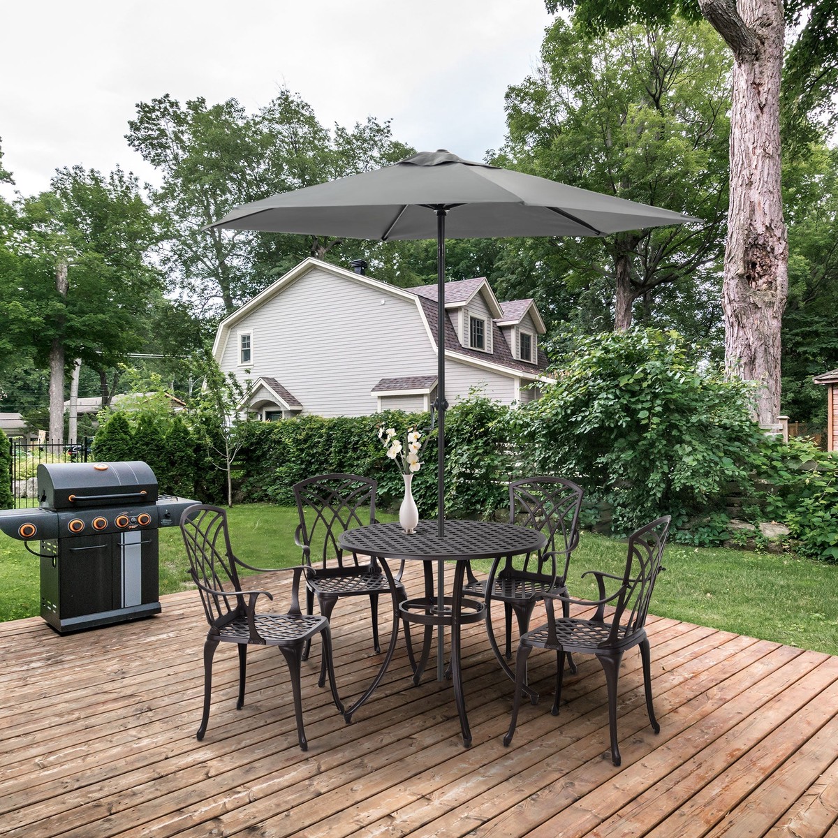 5 Pieces Garden Dining Set for 4, Cast Aluminium with Parasol Hole, Brown