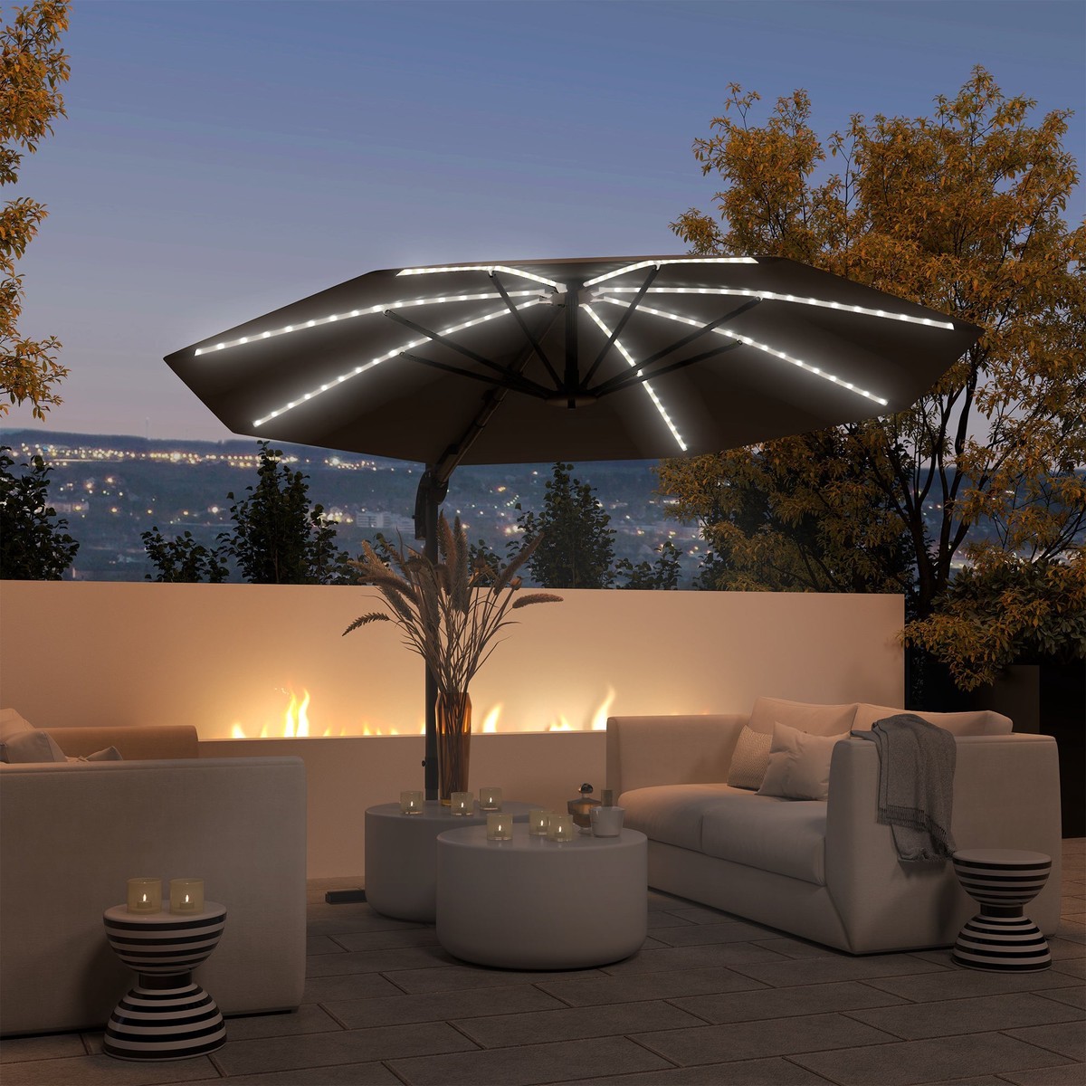 Cantilever Garden Parasol, Solar Powered Lights, Crank Handle, Cross Base, UPF 50+, 360 Rotation, Dark Grey