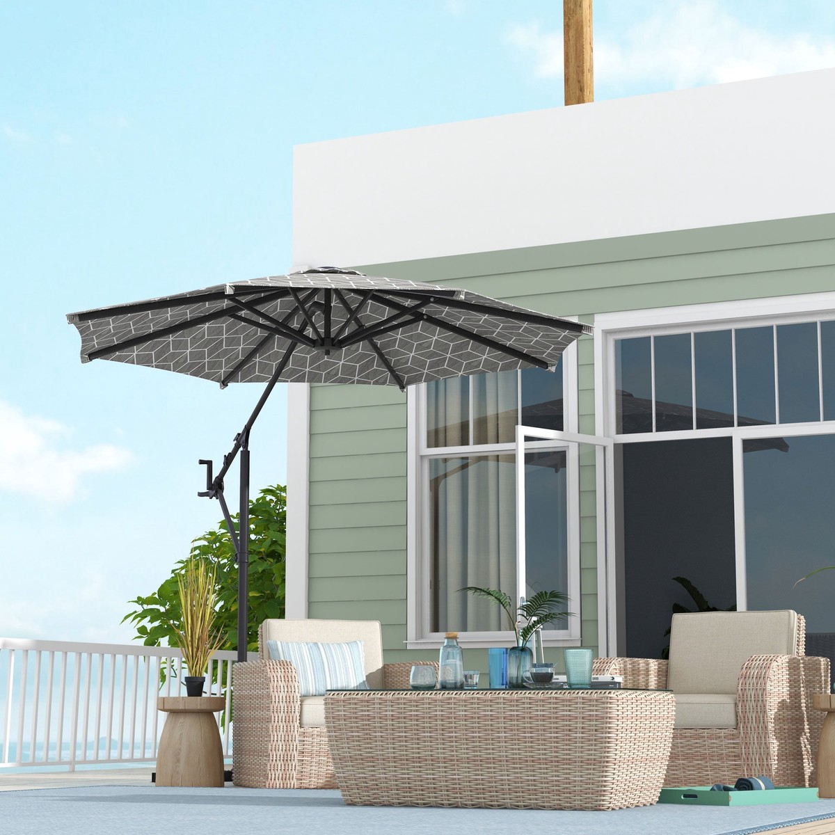 Convertible Cantilever Parasol, 3m, 360 Rotation, Black and White