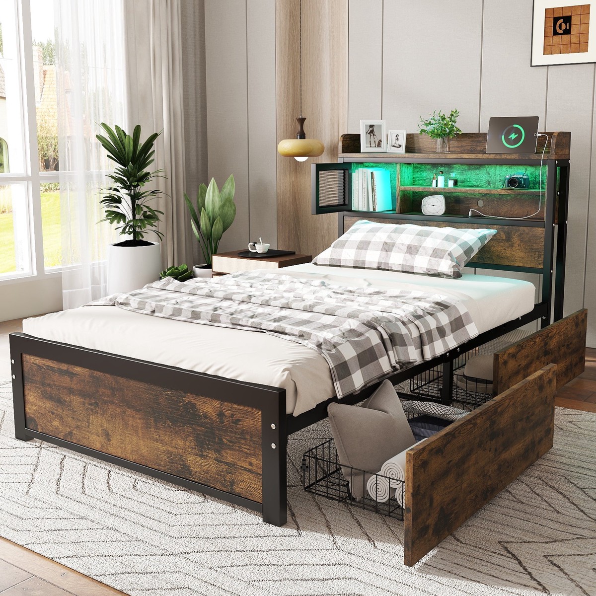 Metal Bed, 3FT Single with LED Light Strip, 2 Drawers & 3 Charge Ports, Durable & Sturdy, Black Iron & Wood Color