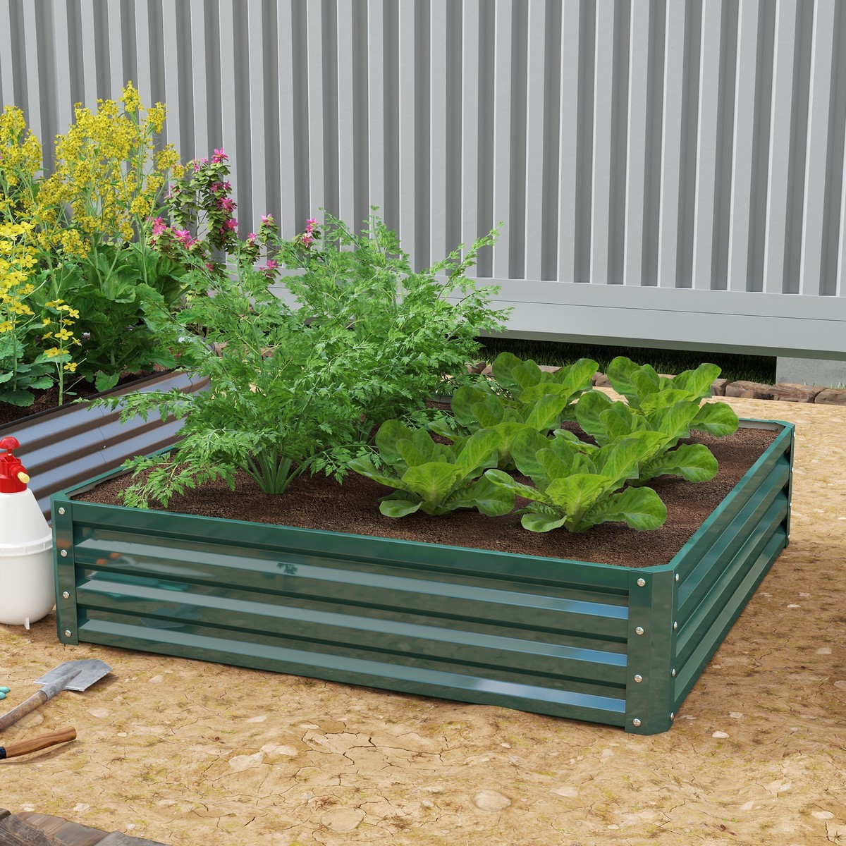 Square Raised Garden Bed Box, Weatherized Steel Frame for Vegetables, Flowers, & Herbs, Green