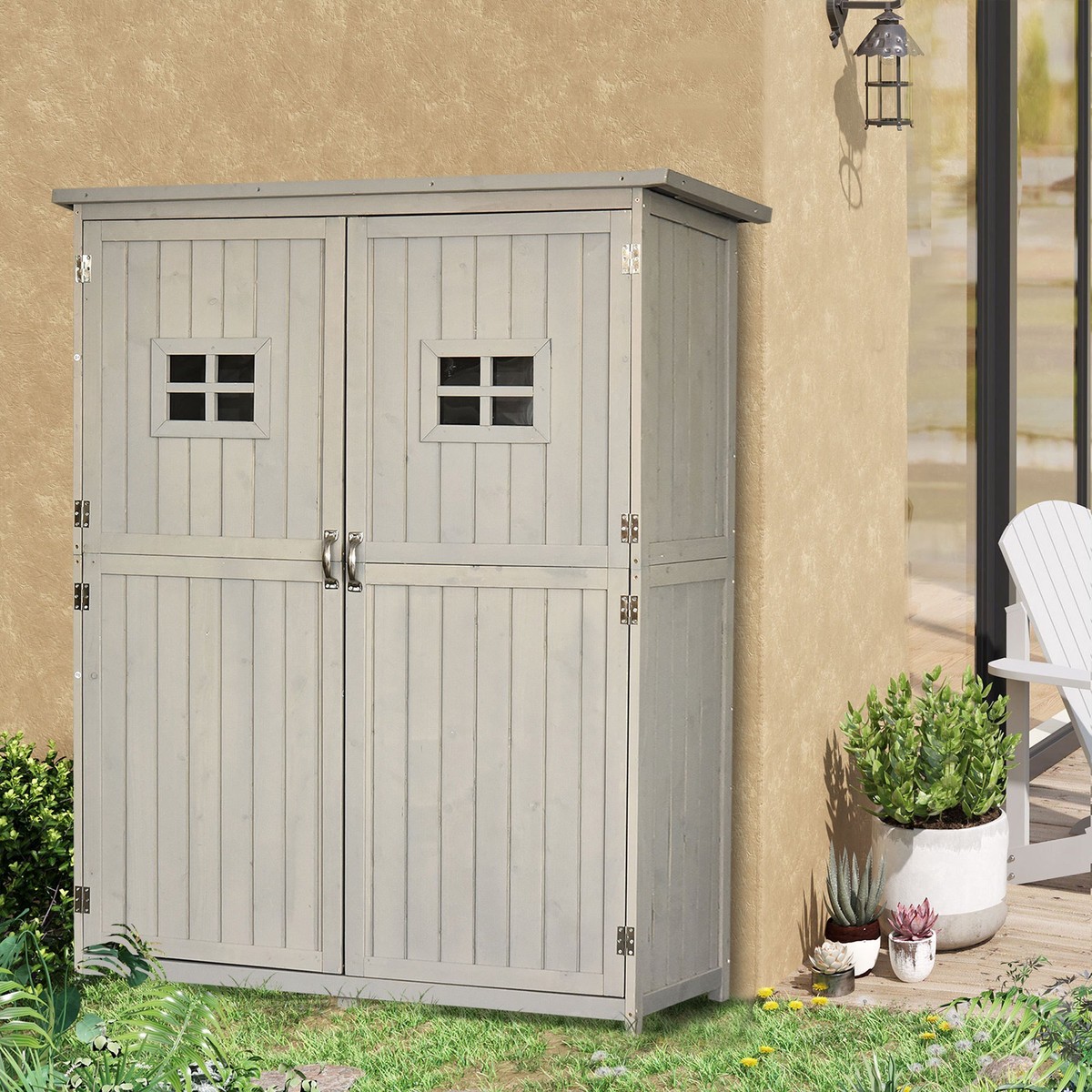 Wooden Garden Shed, Tool Storage Cabinet Outdoor Double Door Organizer, Grey