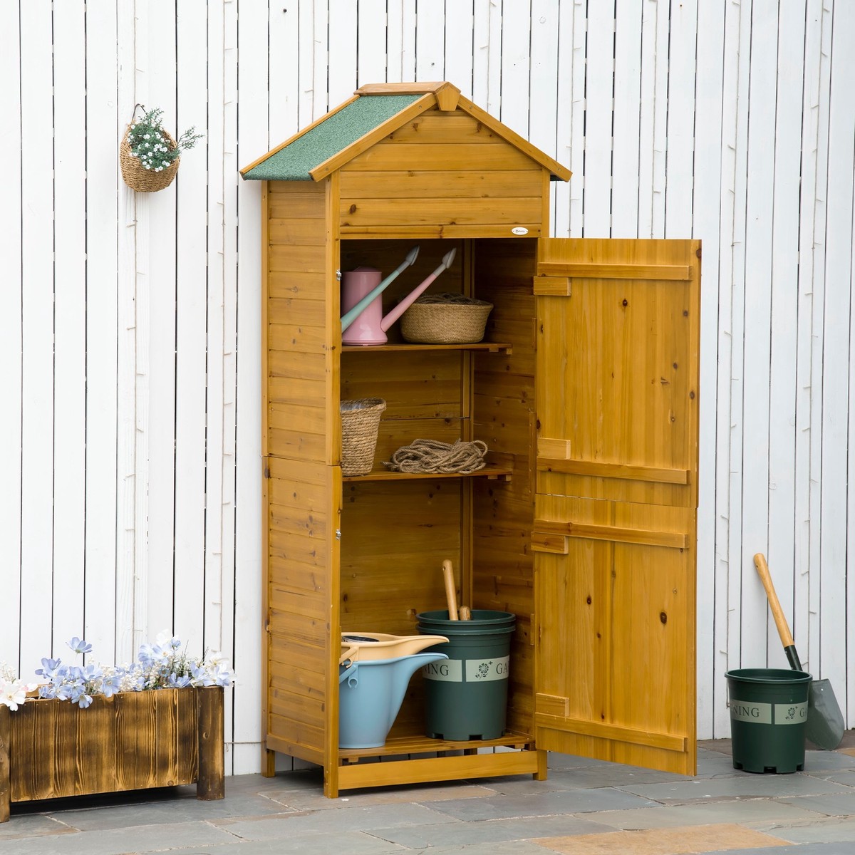 Wooden Garden Storage Shed, Utility Cabinet with 3 Shelves and 2 Doors, Natural Wood
