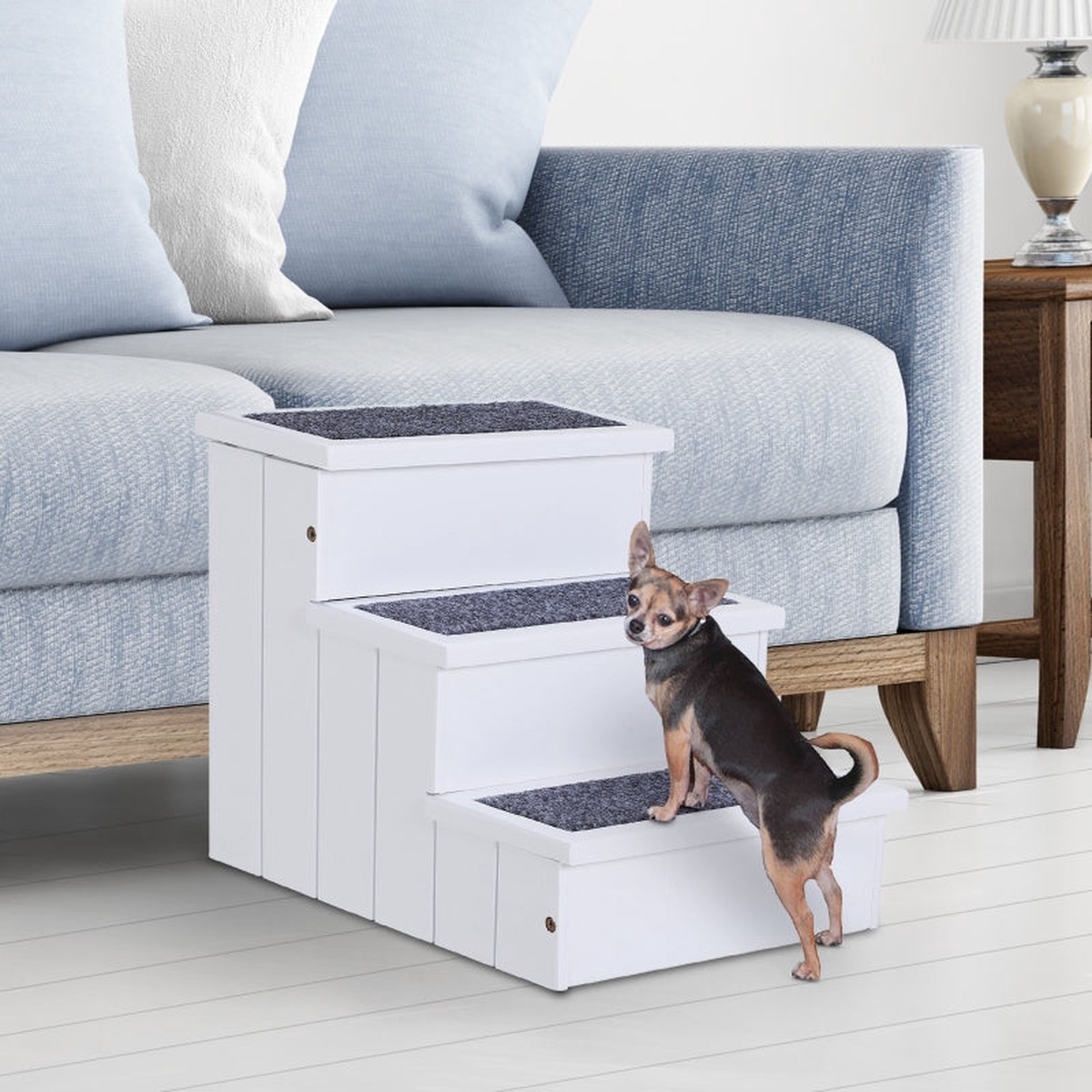 3 Step Wooden Dog Steps Pet Stairs with Storage, White