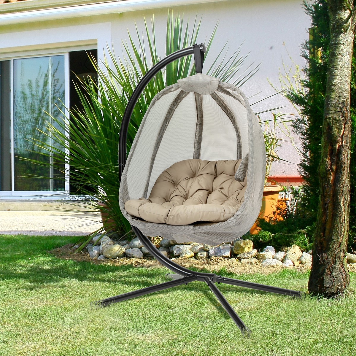 Hanging Egg Chair, Folding Swing Hammock with Side Pocket & Stand, Khaki
