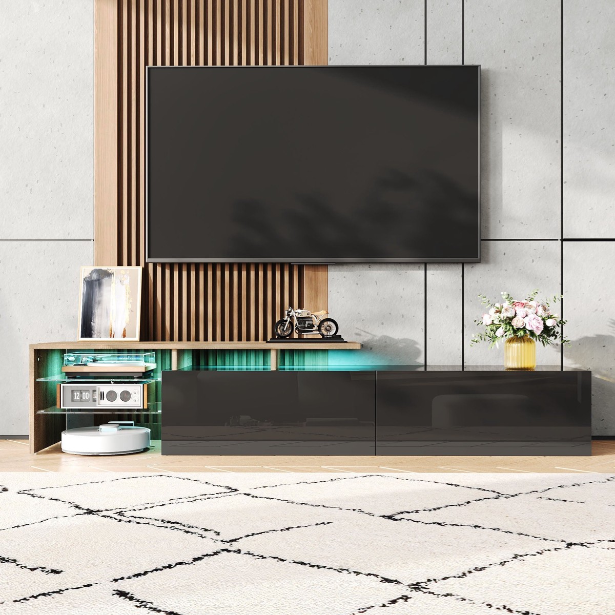 Modern TV Cabinet: Stylish, Elegant, Storage with Glass Shelves, LED Lighting, Black and Wood