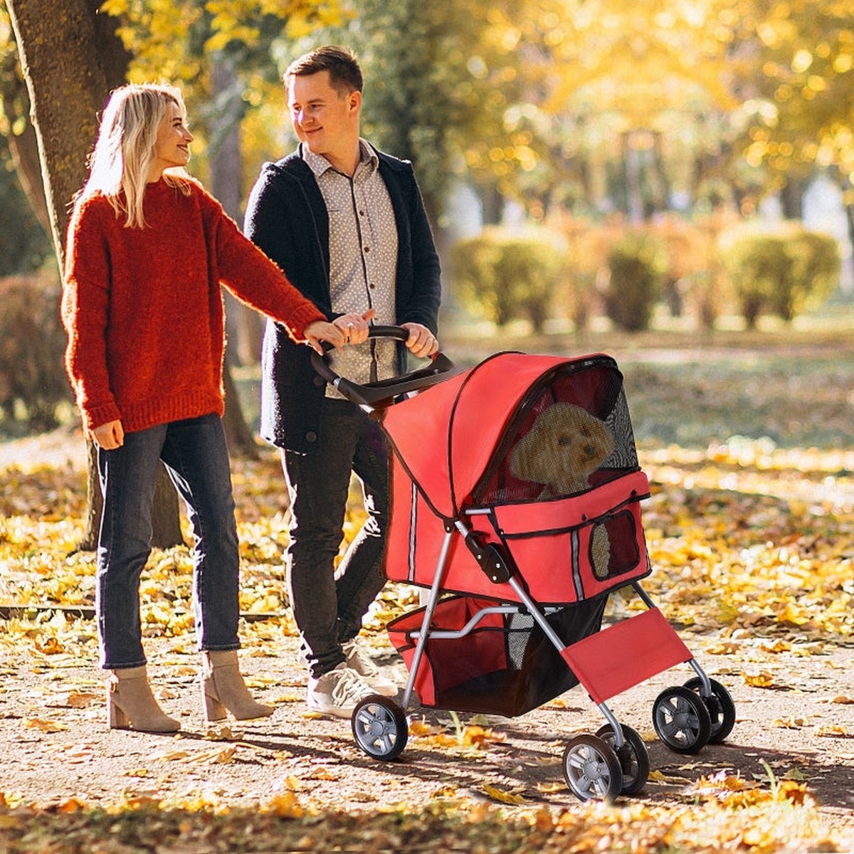 Pet Stroller, Dog Pram, Foldable Pushchair with Wheels and Zipper Entry, Red