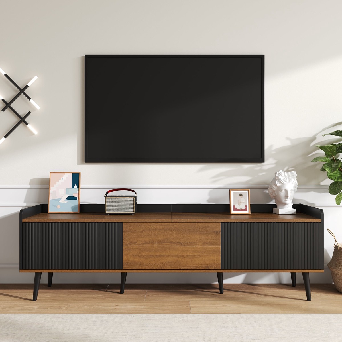 TV Cabinet Three-Door Base Cabinet, Compact Design, Black and Natural Wood