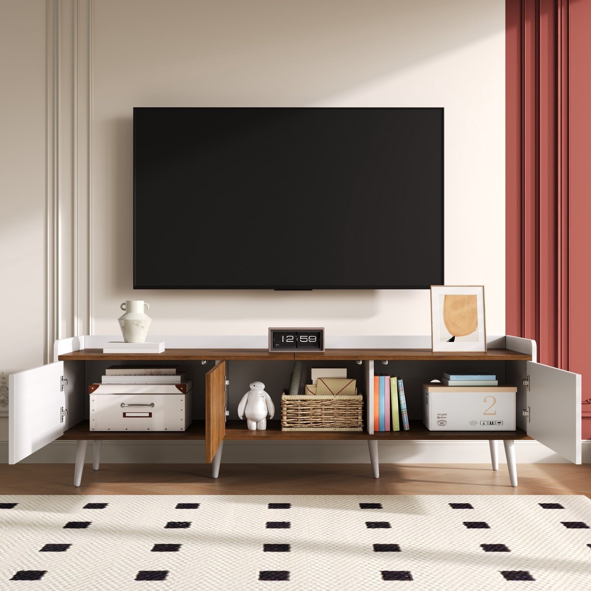 TV Cabinet Three-Door Compact Design, White and Natural Wood