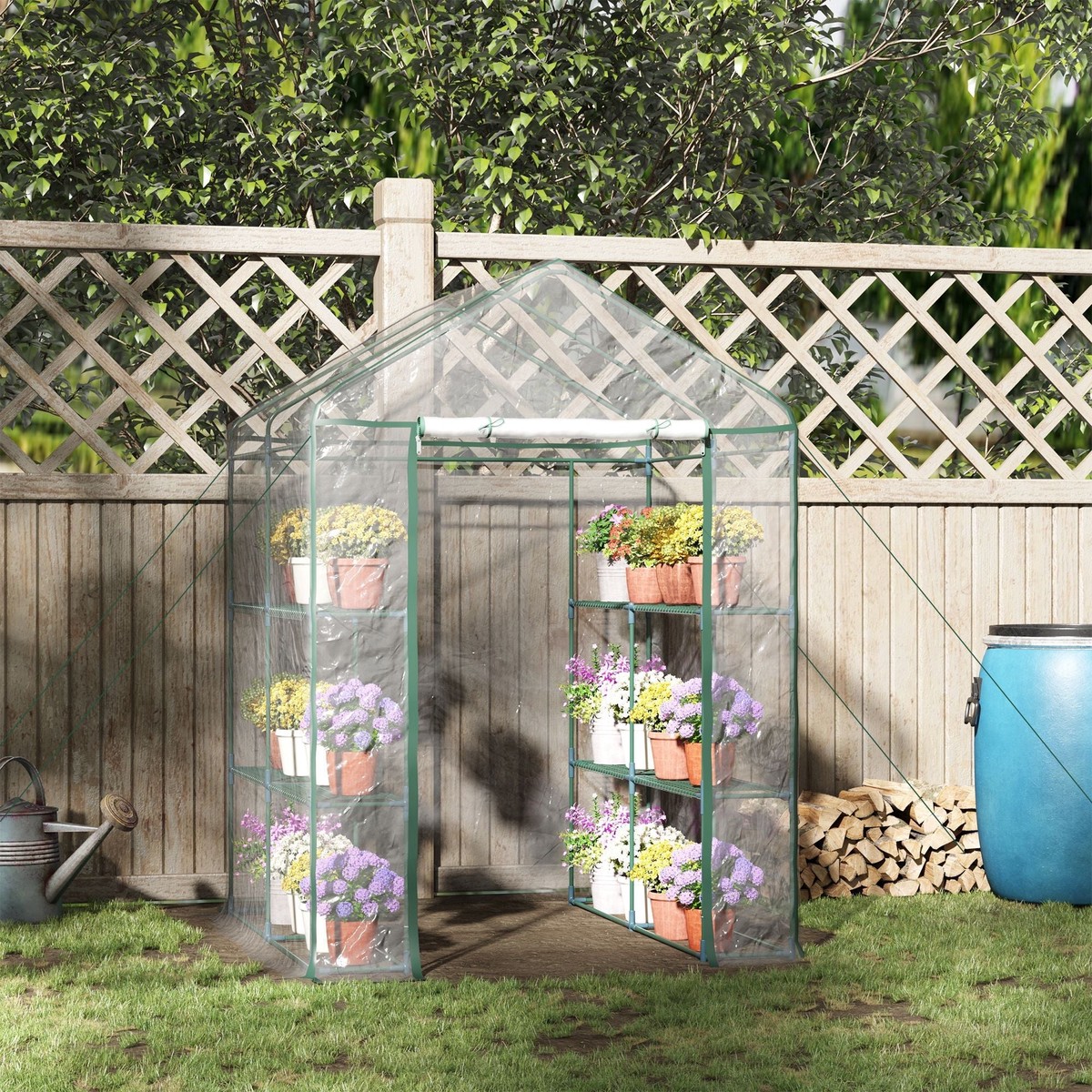 Walk in Greenhouse, 3-Tier 8 Shelves Roll-up Zipped Door, Steel Frame