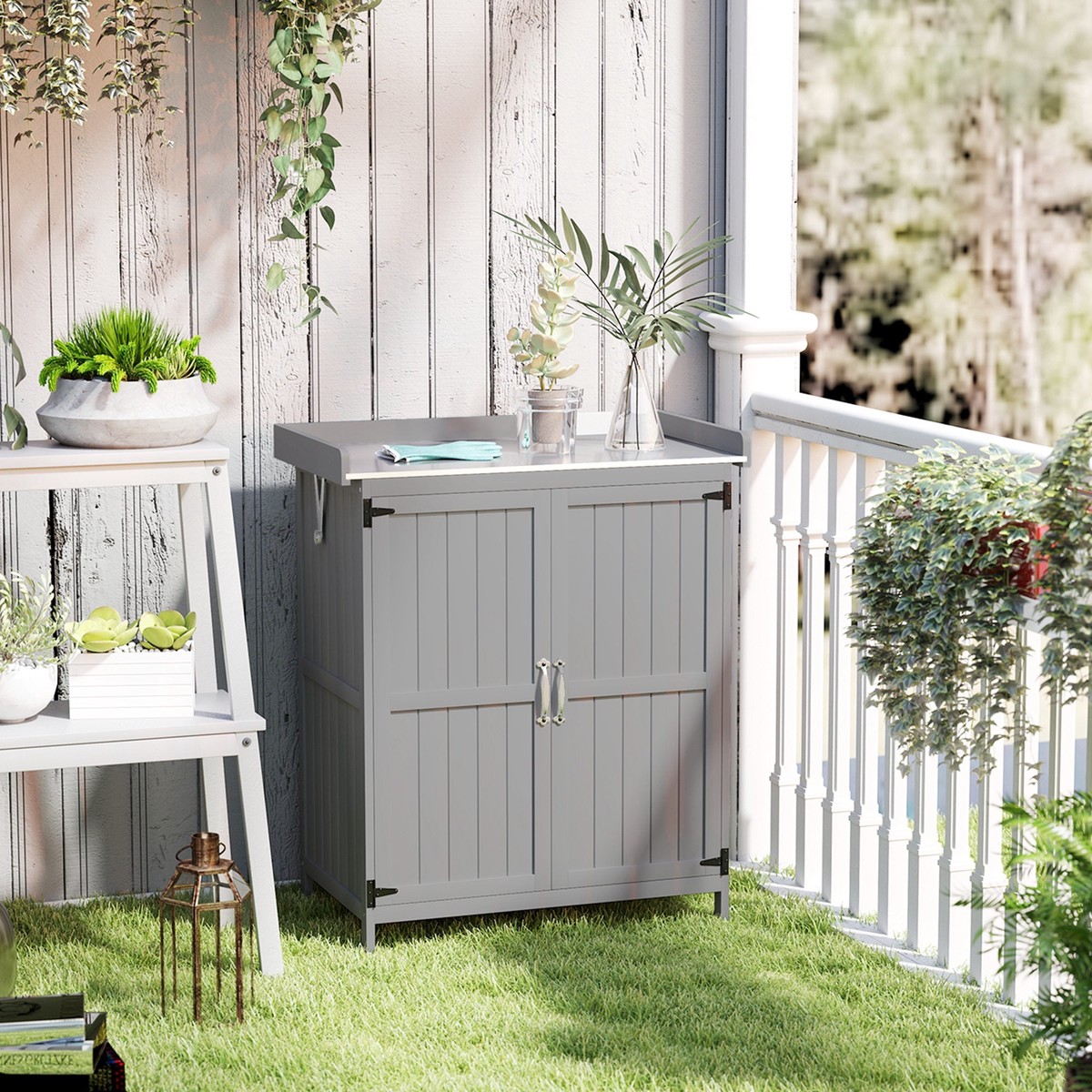 Wooden Garden Shed, Garden Tool Storage Shed with Hinged Roof and Shelf, Grey