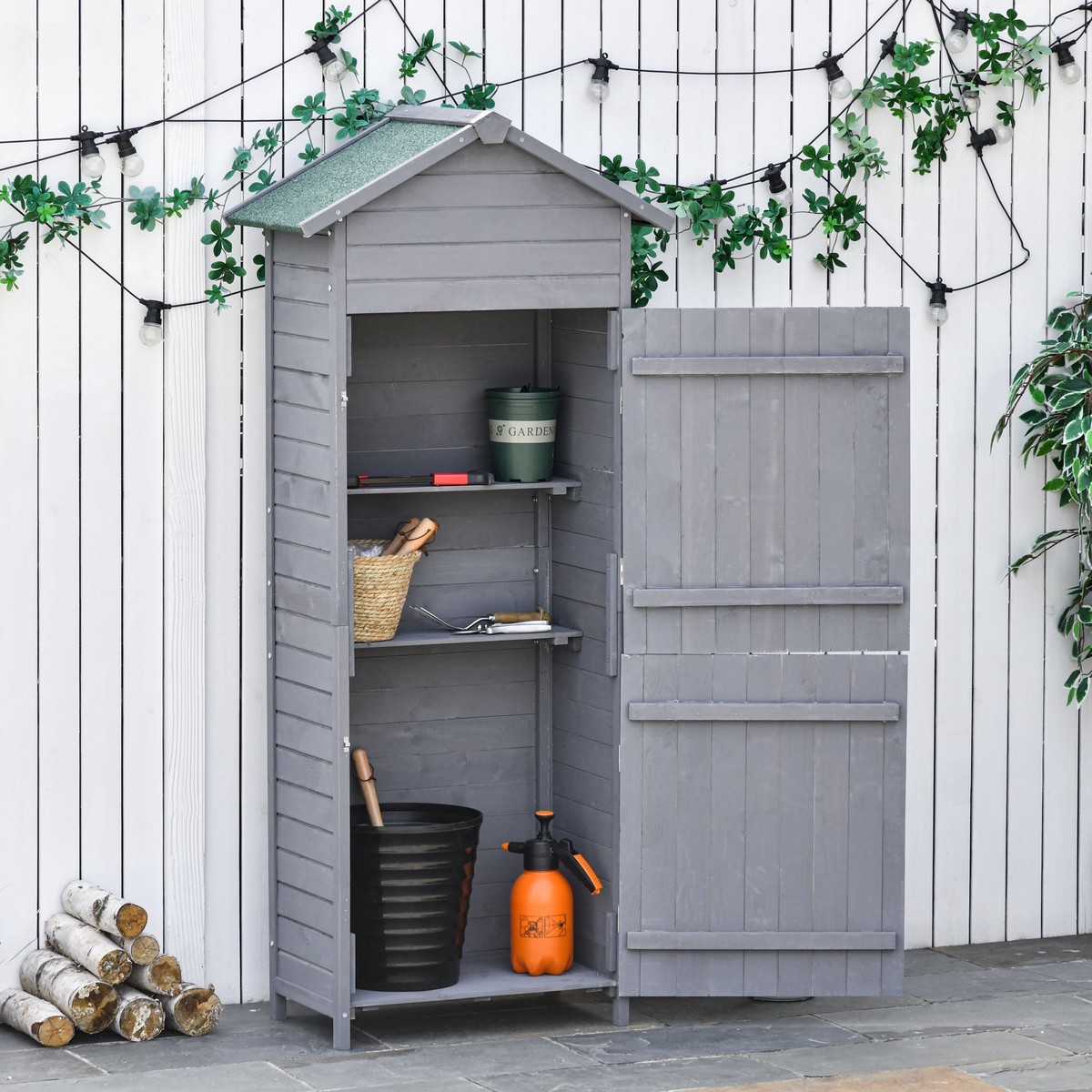 Wooden Garden Storage Shed with 3 Shelves, Lockable Doors, Dark Grey