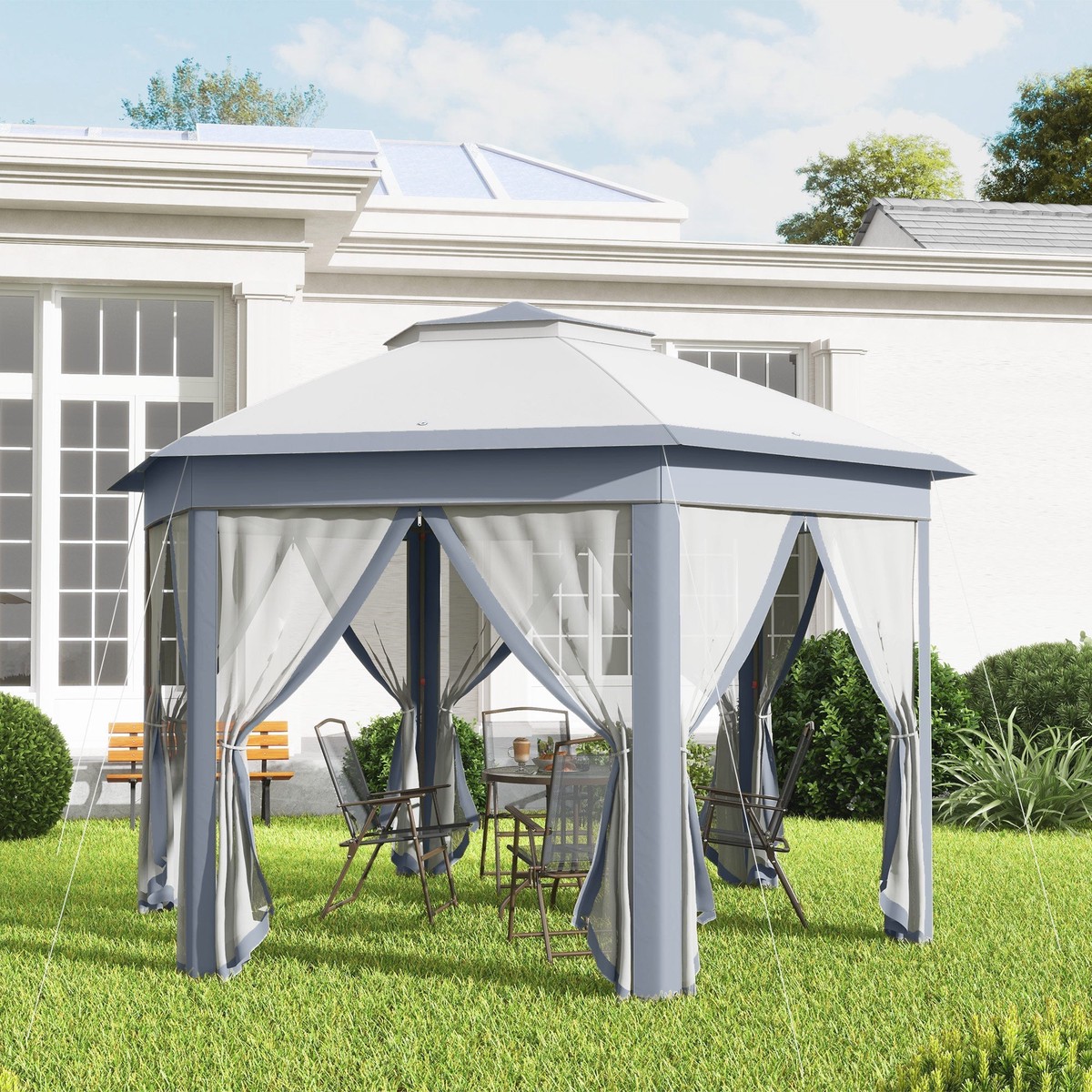 Metal Frame Hexagon Gazebo, 3 x 4m with Curtains - Grey