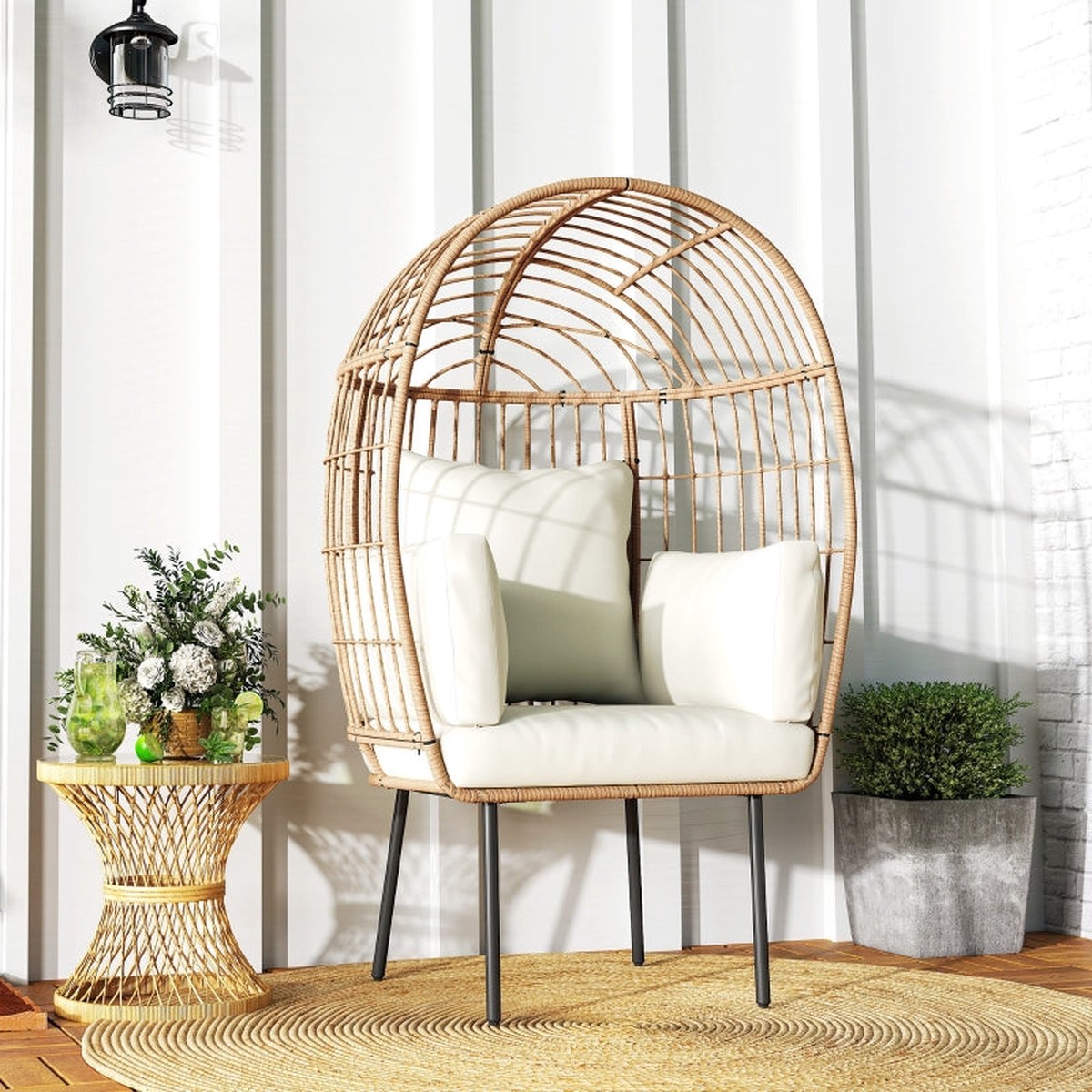 Egg-Shaped Rattan Chair, Removable Cushion, Oversized Outdoor Weatherproof Wicker, Beige
