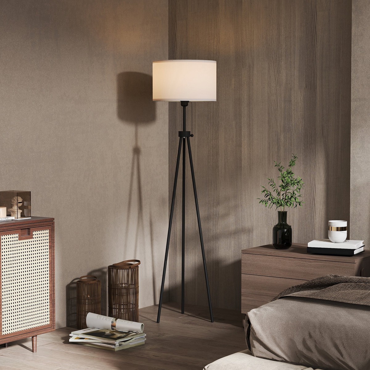Floor lamp modern E27 stylish, black & white, steel & polyester