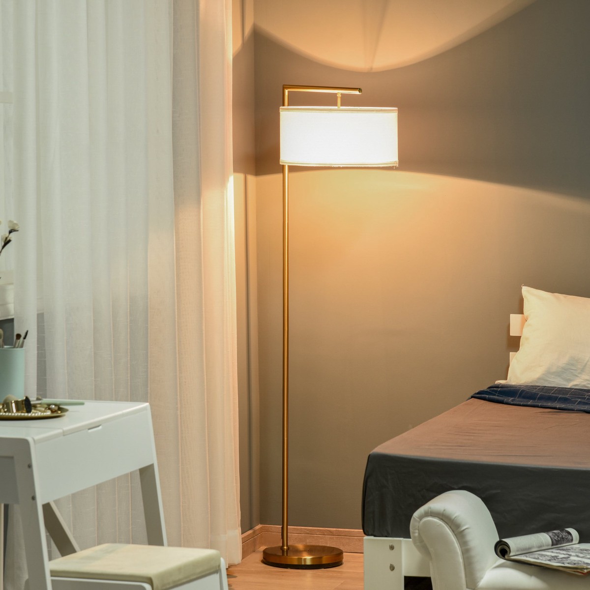 Floor Lamp with E27 Socket for Living Room, Bedroom, Office, Metal, Steel, Linen, Gold, White
