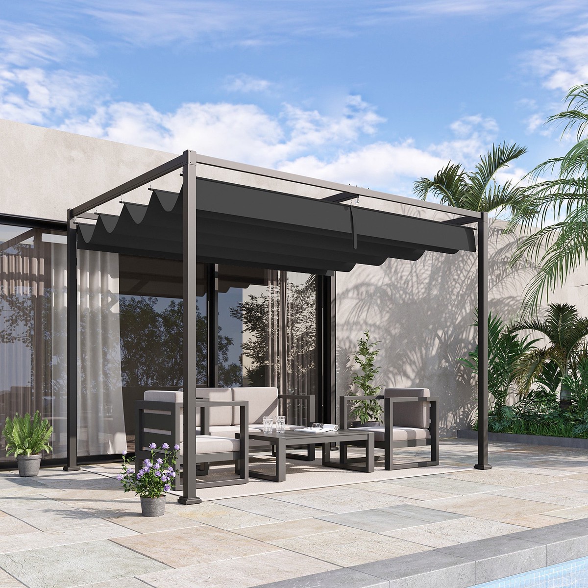 Pergola Pavilion Patio Cover with Sliding Roof 298x213x221cm Polyester Black Grey