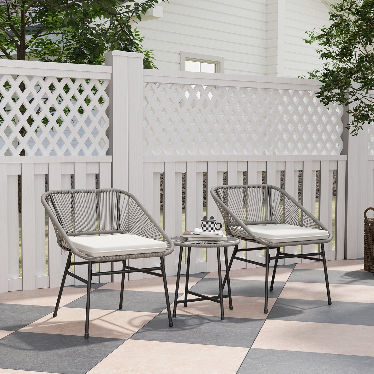 Polyrattan Garden Furniture Set for 2, 3-Piece with Chairs and Side Table, Dark Gray