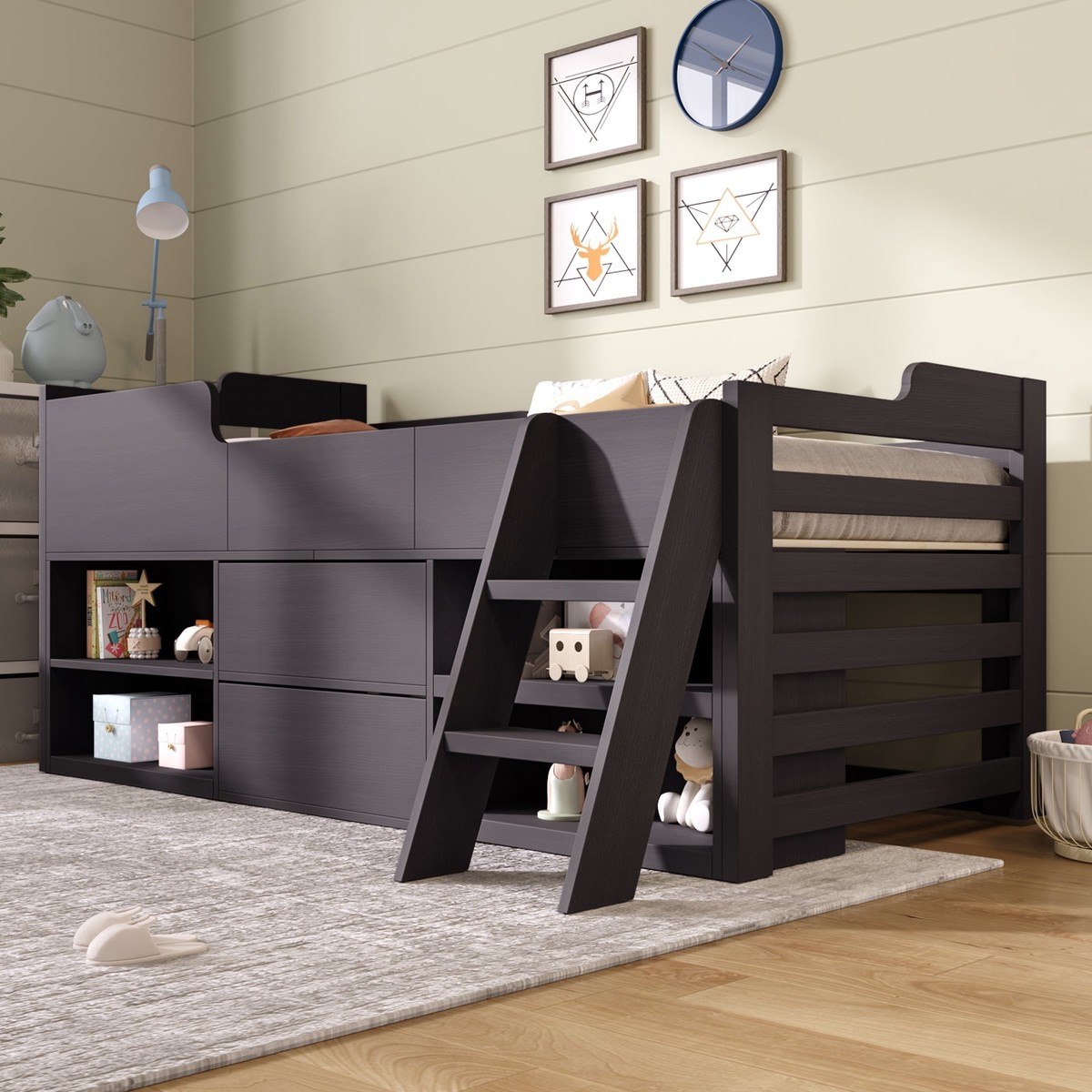 3ft Single Mid Sleeper Cabin Bed with Drawers & Shelf Storage Wooden Frame