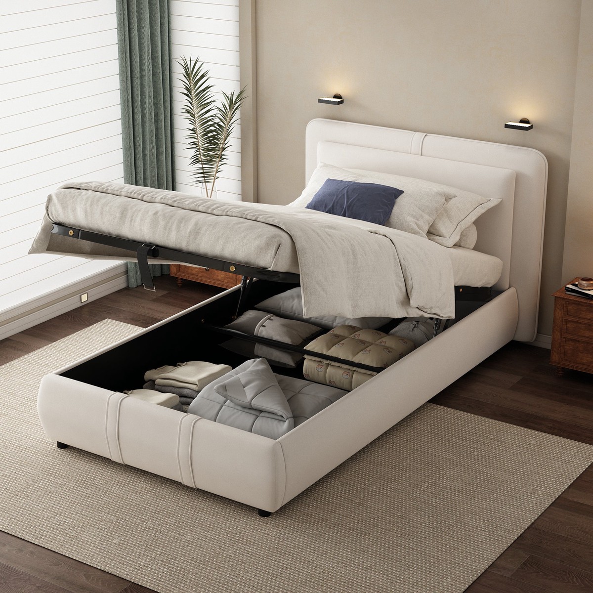 3ft Single Upholstered Storage Bed with Hydraulic Lift Beige Velvet, 90190cm