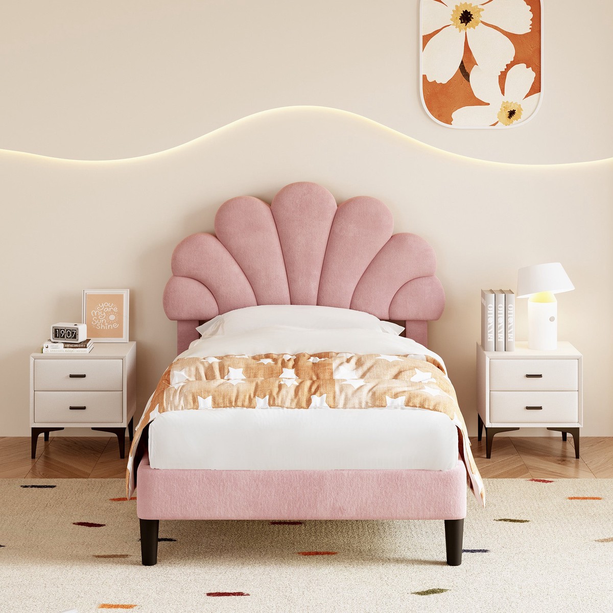 3ft Single Upholstered Velvet Bed Frame, Adjustable Chic Petal Headboard, Pink