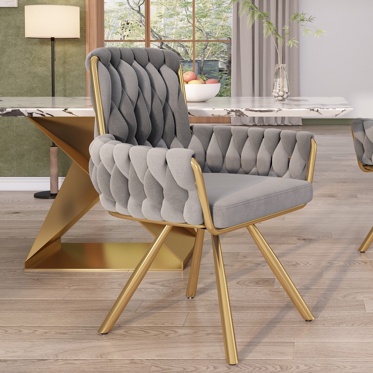 Armchair, Luxurious Single Swivel Chair with Four Metal Support Legs, Gray Velvet