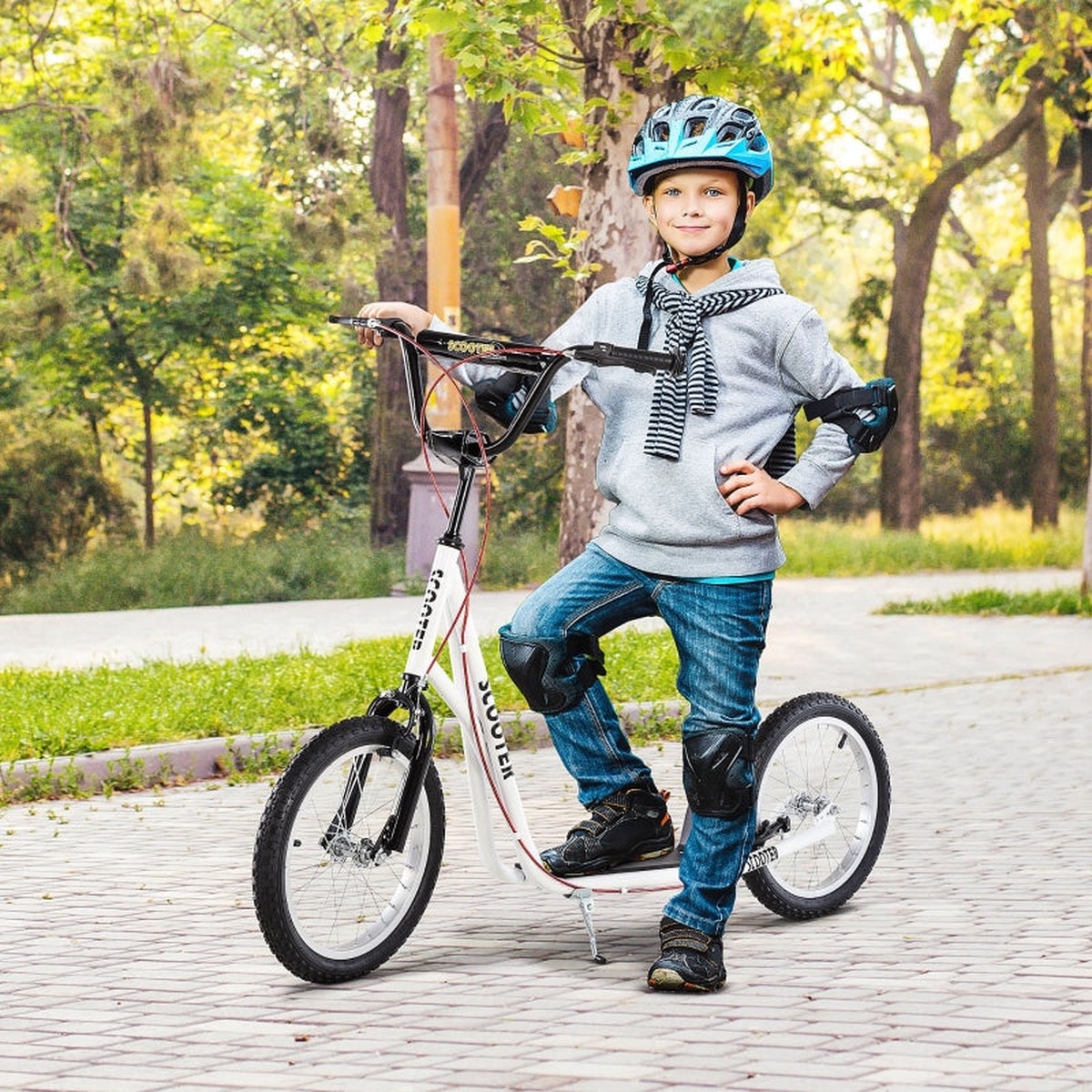 children's scooter with pneumatic tires and handbrake, foldable, 16 inches, white