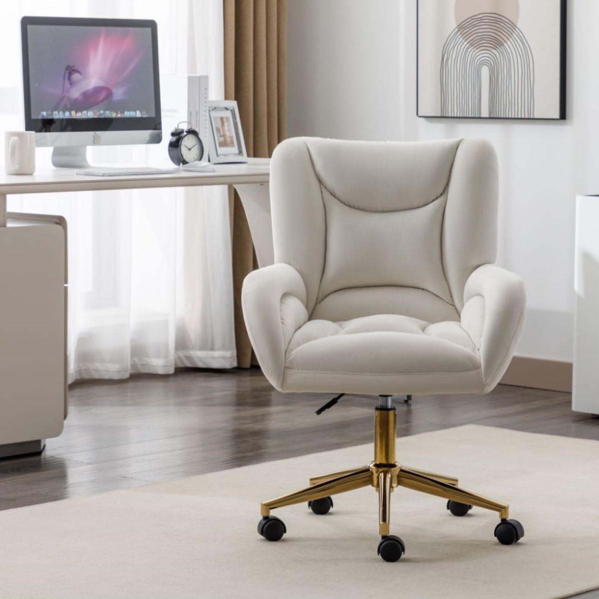Full KD Velvet Fabric Adjustable Height Swivel Home Office Chair, Ivory