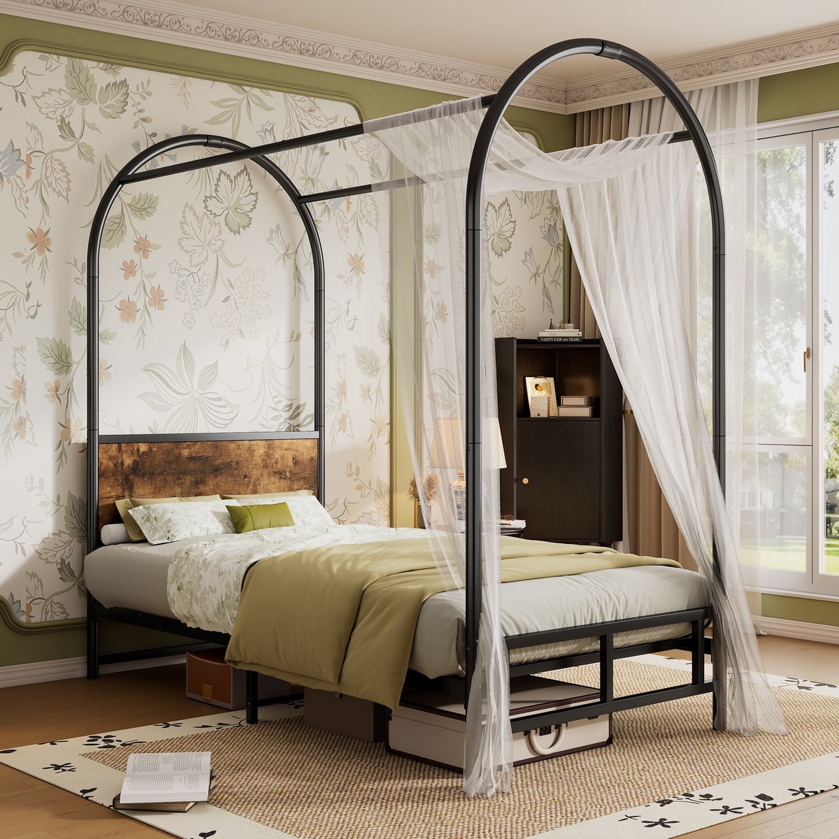 Metal Bed, 3FT Single Bed 90x190cm, Durable and Sturdy Canopy Twin Bed, Black+Wood Color, Iron