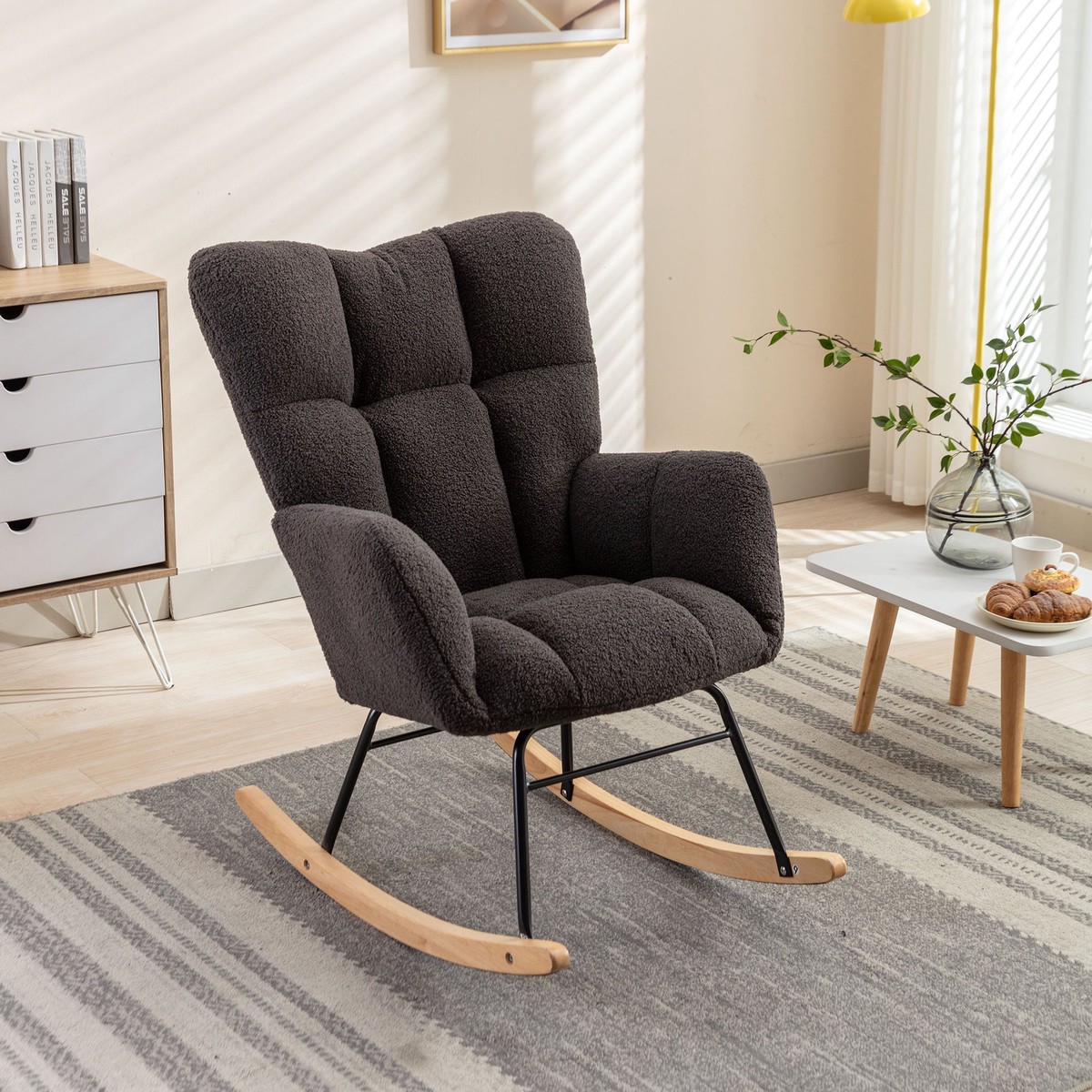 Mid Century Modern Teddy Fabric Tufted Upholstered Rocking Chair Padded Seat For Living Room Bedroom, Dary Gray