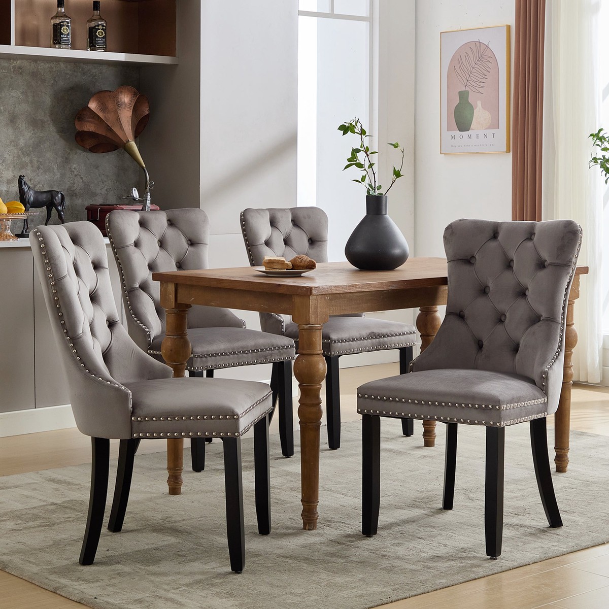 Modern Set of 4 Upholstered Dining Chairs with Button Tufted Velvet, Solid Wood Legs, Riveted Trim, and Knocker Ring, Grey