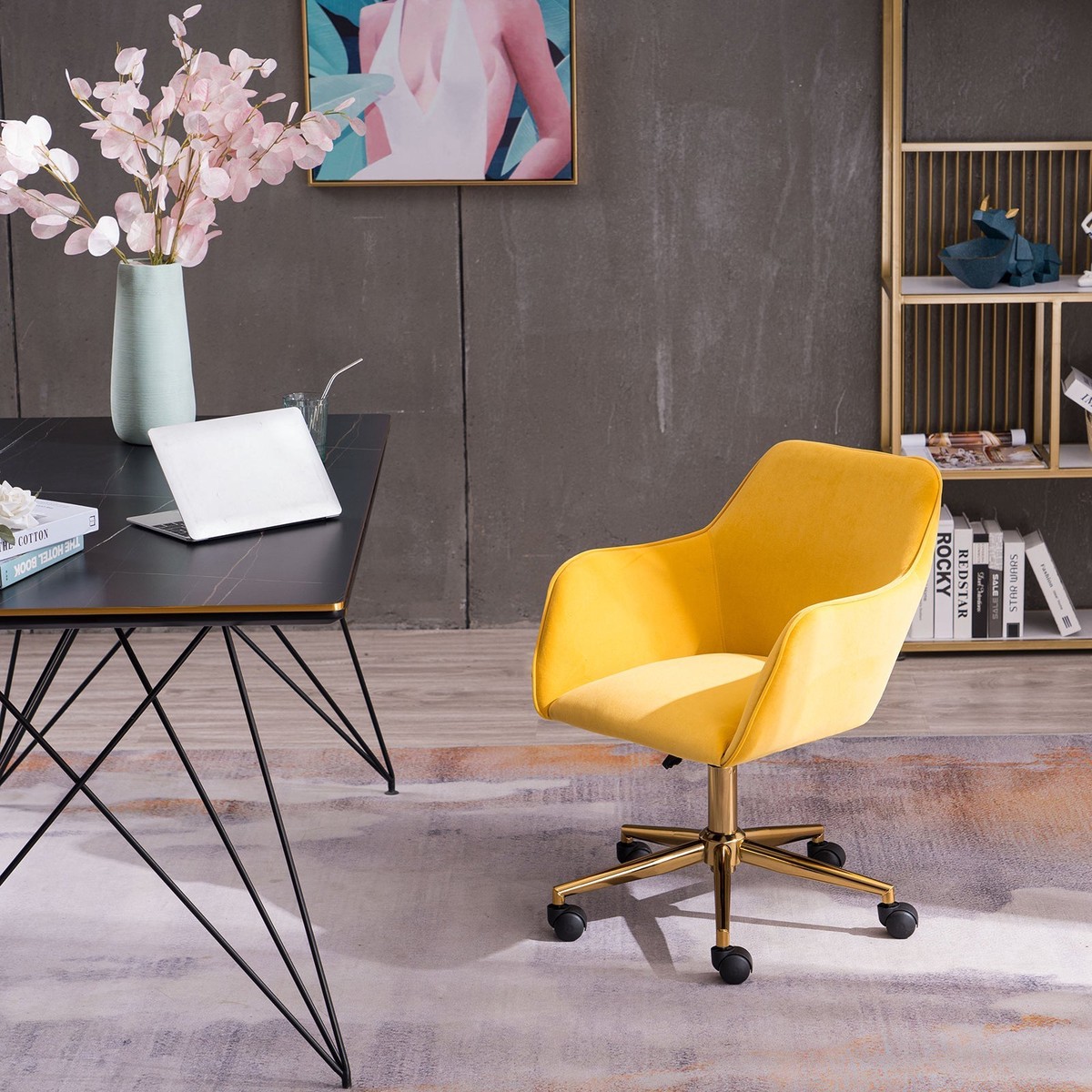 New Velvet Fabric Adjustable Height Swivel Home Office Chair, Yellow