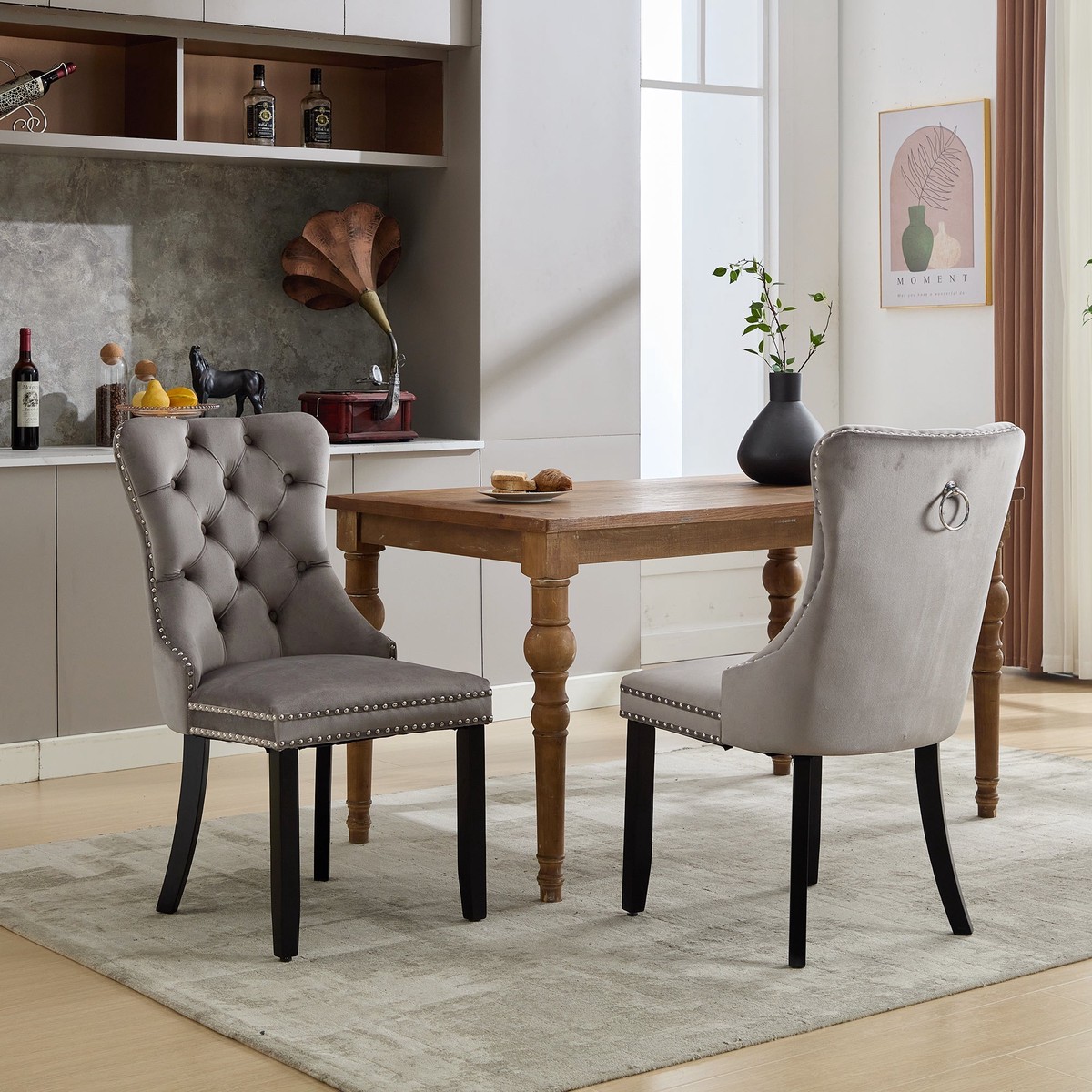 Set of 2 Modern Upholstered Velvet Dining Chairs, Button Tufted with Solid Wood Legs, Riveted Trim and Knocker Ring, Grey