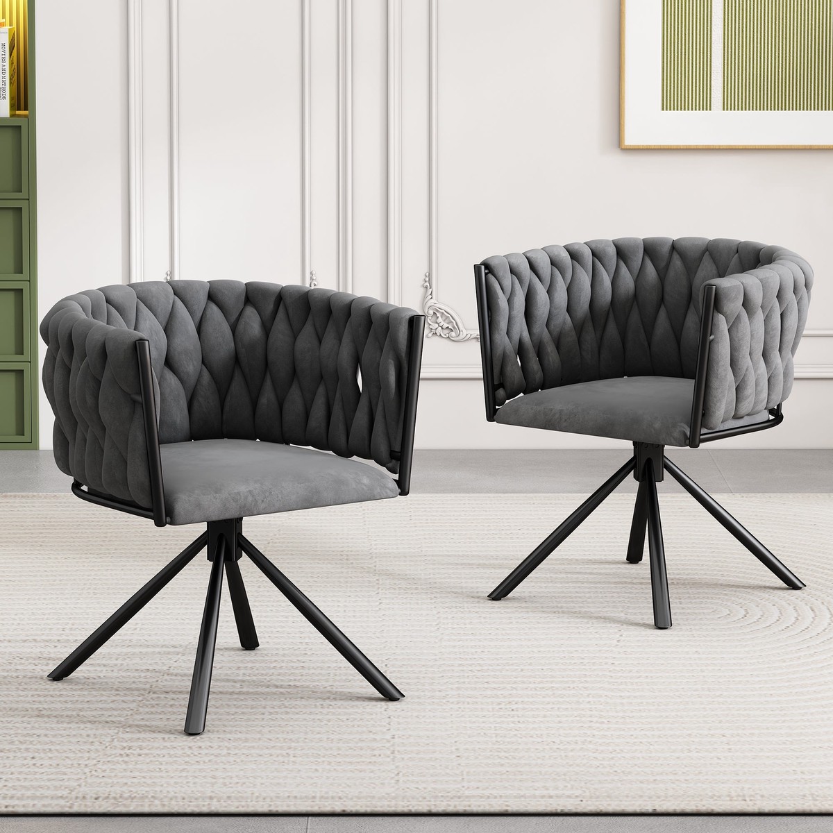 Set of 2 Velvet Dining Chair, Light Luxury Swivel with Metal Legs, Gray