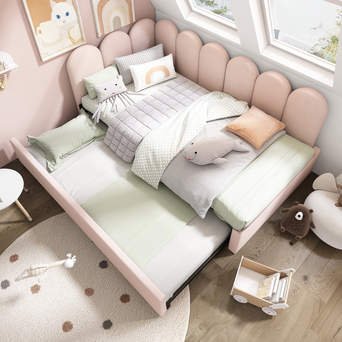 Upholstered Bed Daybed With Pull-Out Bed, 3FT Single Sofa Bed, Velvet, Pink